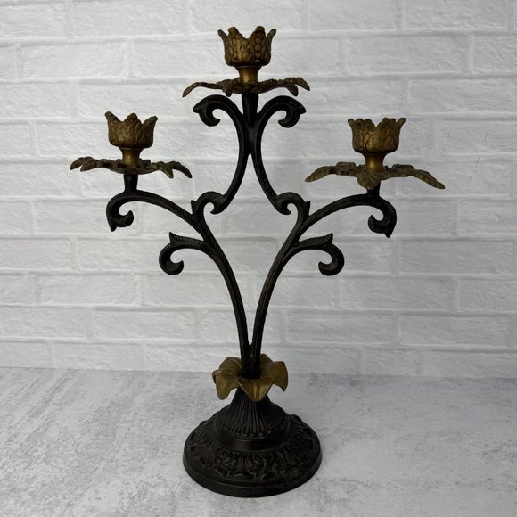 Vintage Ornate Wrought Iron and Brass 3 Arm Candelabra Candle Holder 12" tall - Picture 3 of 9